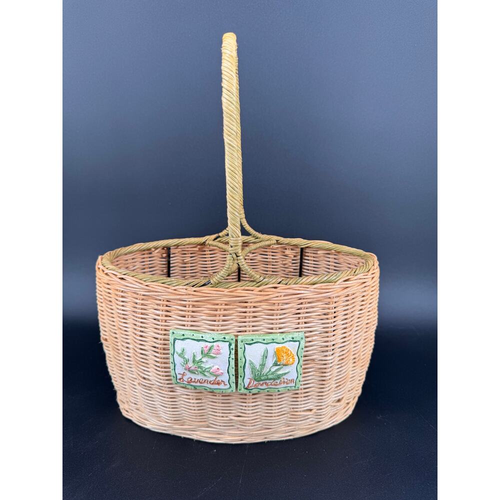 Vintage Wicker Wine Picnic Basket w/ Hand Painted Herb Tiles Lavender Dandelion